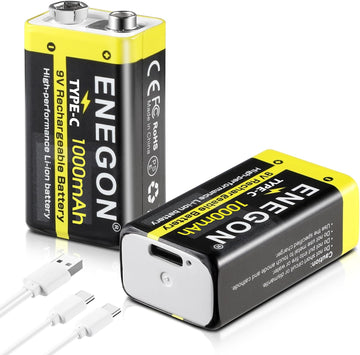 ENEGON 2 Pack 9V Rechargeable Li-ion Batteries, 1000mAh with 2-in-1 Type-C/USB Charging Cable ENEGON